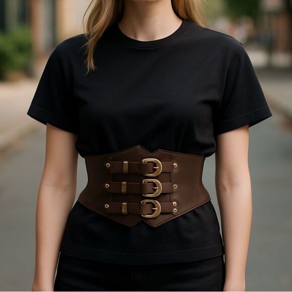 Brown Leather Gold Triple Buckle Studded Corset Wide Belt NEW - Picture 1 of 4